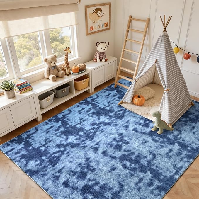FinRèc 7x10 Washable Area Rugs for Bedroom Living Room, Low Pile Thin Ultra Soft Shag Rug, Non-Slip Carpet Indoor for Home Decor (Tie-dye Teal)