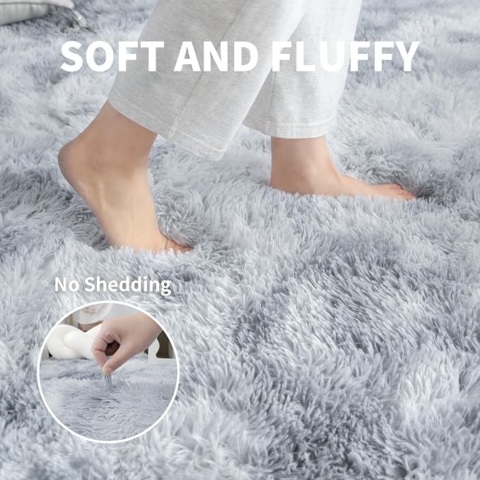 5x7 Thick Tie-Dyed Grey Shag Rug for Bedroom, Soft Plush Fluffy Carpet | Gray Area Rug for Living Room, Kids Nursery, Dorm Room, Washable Non Slip Shaggy Floor Carpet