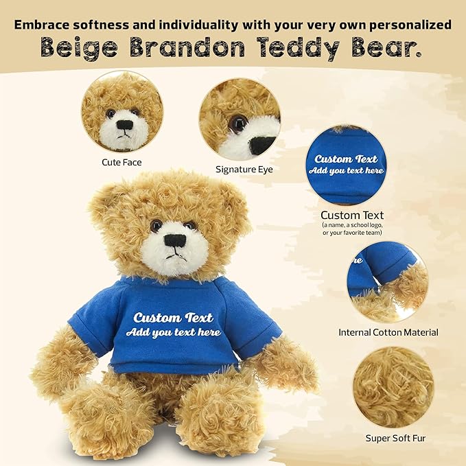 Customized Beige Brandon Bear - 12 inch Personalized Stuffed Bear Plush Toy - Perfect Custom Shirt Bear Gift for Graduation Valentines Graduation Easter Holidays (Royal Blue Shirt)