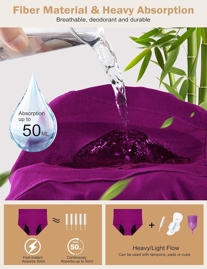 ECO PERIOD Heavy Flow Period Underwear for Women Leakproof Period Panties | Menstrual Underwear for Teen, All-Day Long - Overnight Protection, Women's Postpartum High Waist Brief, Absorb up to 50ML