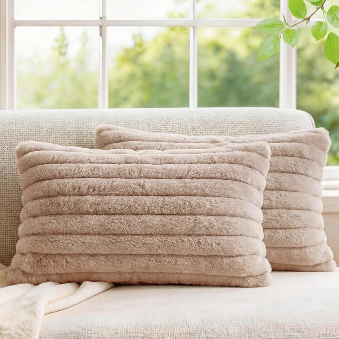 Pack of 2 Throw Pillow Covers 20x12 Decorative Solid Plush Faux Fur with Soft Velvet Back, Square Striped Cushion Cases Modern Farmhouse Home Decor for Living Room Couch Sofa Bed Apricot