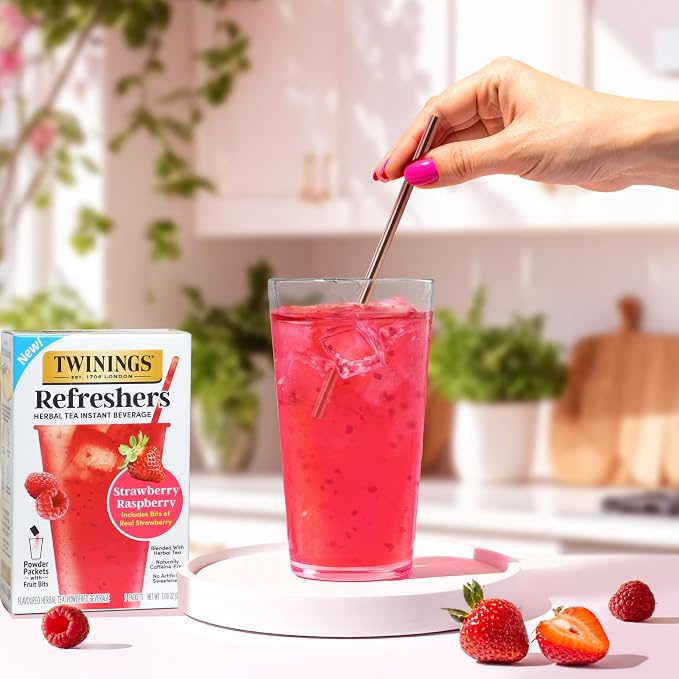 NEW Twinings Strawberry Raspberry Refreshers, Herbal Tea Instant Beverage with Real Strawberry Fruit Bits, 5 Count (Pack of 2), Café Style, No Artificial Sweeteners, Naturally Caffeine-Free, 5 Packets