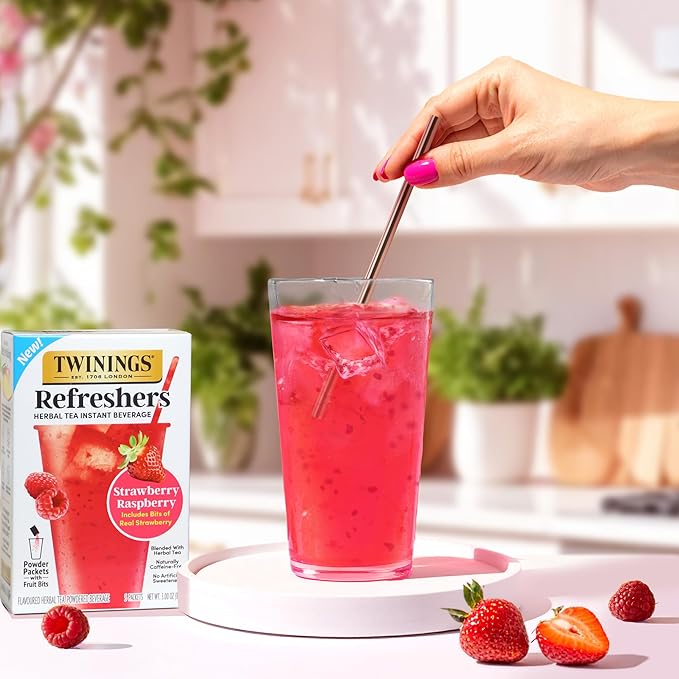Twinings Strawberry Raspberry Refreshers, Herbal Tea Instant Beverage with Real Strawberry Fruit Bits, 5 Count (Pack of 6), Café Style, No Artificial Sweeteners, Naturally Caffeine-Free, 30 Packets