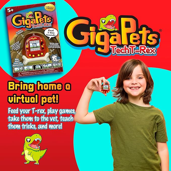 Giga Pet 2-in-1 T-Rex Dinosaur Virtual Pet for Kids, 90s Throwback Upgraded Collector’s Edition, Animal Care Skills Through Play