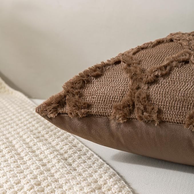 Set of 2 Soft Moroccan Throw Pillow Covers 18x18 Inch Plush Boho Decorative Pillow Cover Accent Cushion Case for Couch Sofa Bed, Deep Brown