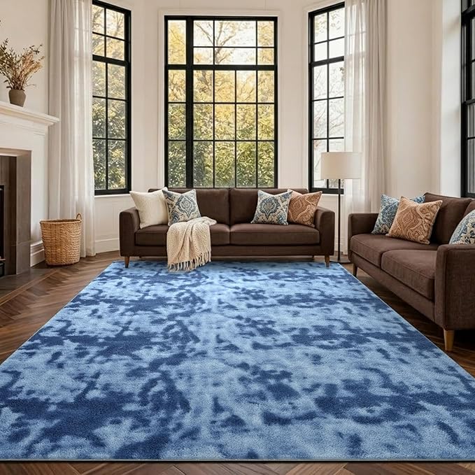 FinRèc 6x9 Washable Area Rugs for Bedroom Living Room, Low Pile Thin Ultra Soft Shag Rug, Non-Slip Carpet Indoor for Home Decor (Tie-dye Teal)