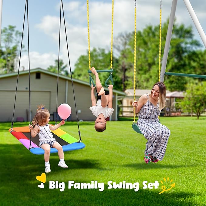Hapfan 9.5' Tall Swing Sets for Backyard with Platform Swing, Heavy Duty Metal Swingset Outdoor for Kids with Trapeze Bar