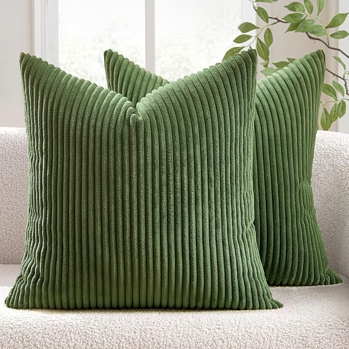 MIULEE Decorative Corduroy Throw Pillow Covers Set of 2 20x20 Moss Green | Soft Striped Textured Cushion Cases, Boho Natural Greenery Pillowcases for Home Decor, for Couch Chair Sofa Bed Living Room