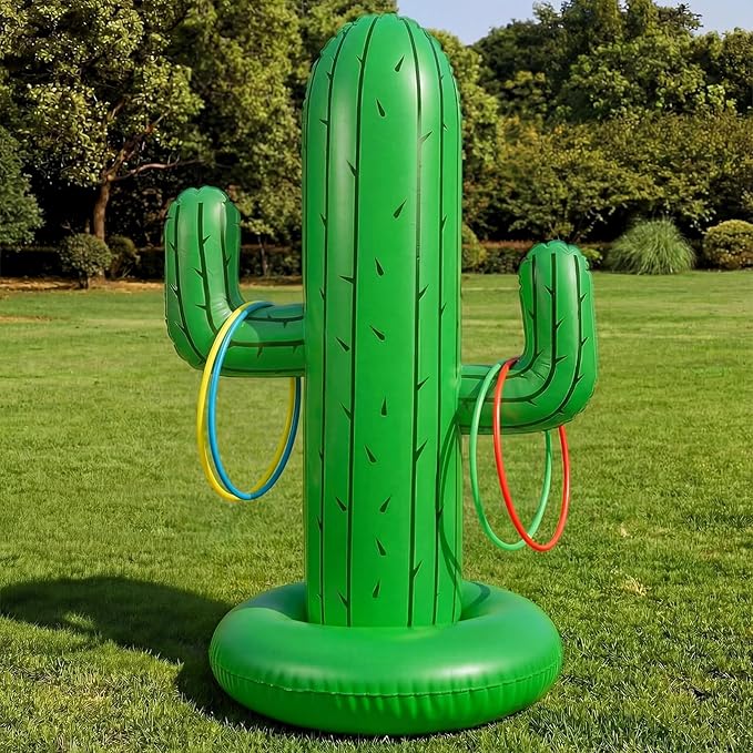Hungdao 40 Inch Mexican Inflatable Cactus Ring Toss Game Set, Target Toss Party Games with 10 Pcs Rings Floating Summer Activity for Mexicano Fiesta Outdoor Beach Decor Cinco De Mayo Party