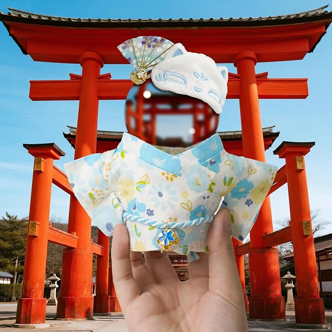 17cm Doll-Clothes-Set,Outfit Accessories Kimono Set for 6.7inch Dolls Boys, Kawaii Chic Designer Style Fan Pattern Hairbow+Blue Clothing Pajamas+Cute Mask for Halloween(NO Doll)