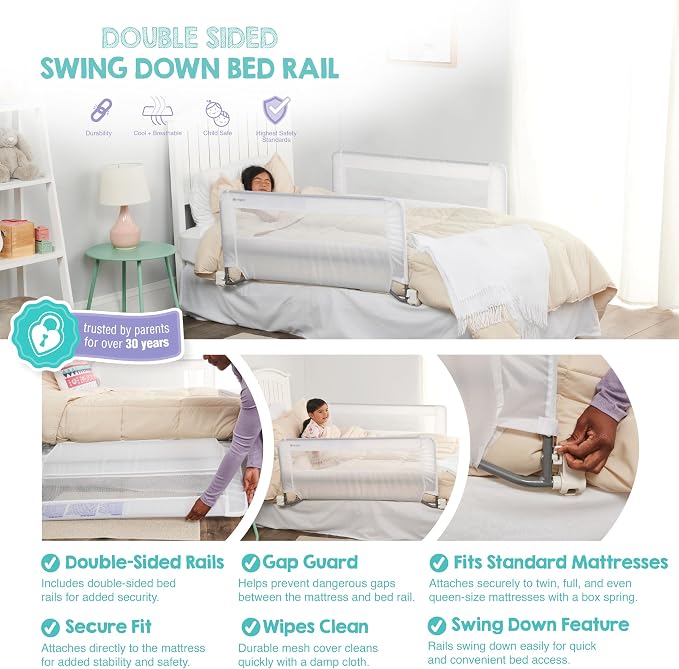 Regalo Safety Double-Sided Swing Down Bed Rail Guard (2-Pack), Toddler Bed Rail for Twin to Queen Beds, Extra Long 43”, Reinforced Anchor System, Easy Install, White