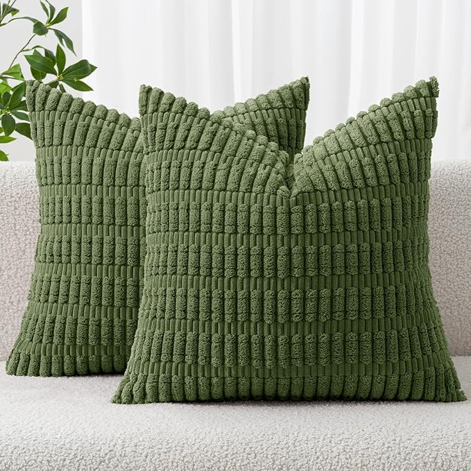 MIULEE Corduroy Decorative Throw Pillow Covers 16x16 Moss Green Pack of 2 | Soft Boho Striped Pillow Covers Modern Farmhouse Home Decor For Sofa Living Room Couch Bed