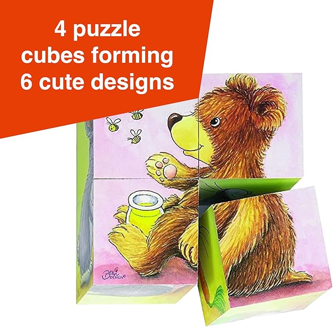 GOKI Wooden Cube Puzzles for Toddlers 2-4 Inspired Montessori Toy 6-in-1 Animal Toddler Puzzle - 4 Wooden Cubes - Educational Toy for Kids Ages 2+ Farm-Themed - Designed with Love in Germany