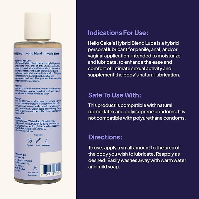 Hello Cake Hybrid Lube - Silicone and Water-Based Personal Lubricant, Safe for All Toy Materials, Ultra Slippery, Long-Lasting, Non-Sticky, Condom Compatible Lube for Men, Women, and Couples, 8 fl oz