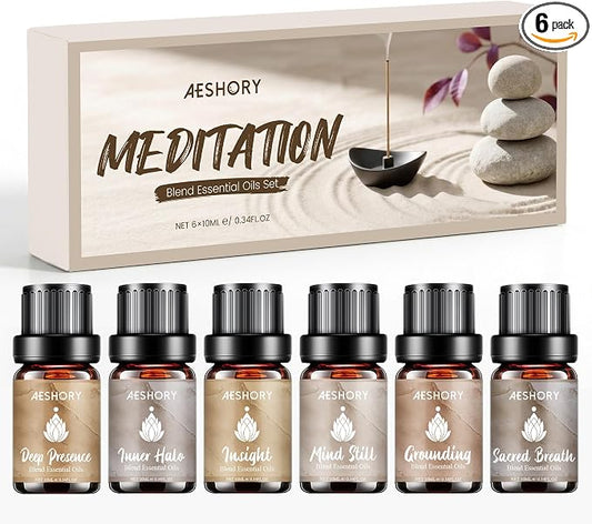 AESHORY Meditation Essential Oils Set, 6 Aromatherapy Blend Oils for Diffusers for Home, Yoga, Mindfulness & Relaxation, Deep Presence, Inner Halo, Grounding, Sacred Breath, Gift Set 6 x 10ML