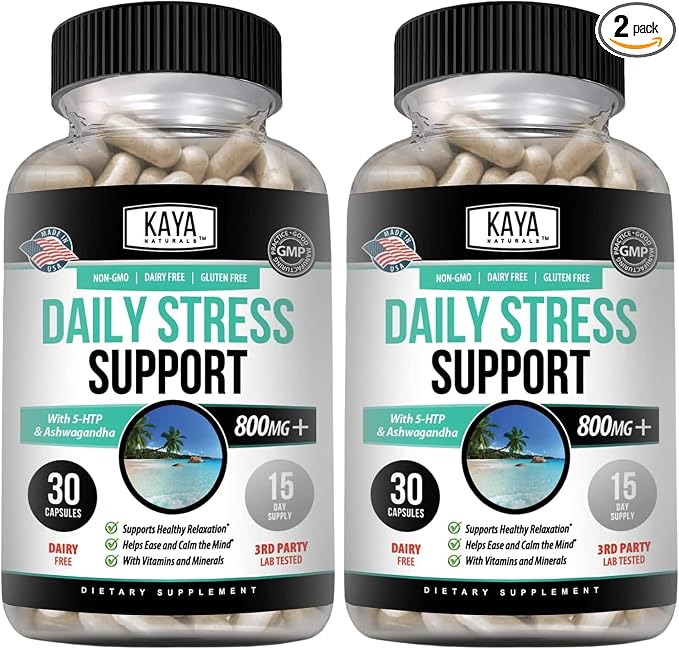 Kaya Naturals - Natural Herbal Stress Relief Support Vitamin Supplement to Relax and Calm The Mind - Boost Mood - Happy Pills - Anxiousness Support - 30 Capsules (Pack of 2)