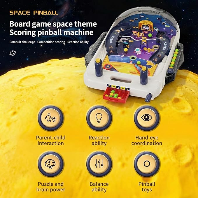 Tabletop Pinball Machine — Space Board Game with Obstacles, Pull-Rod Launcher, Two-Hand Controls, Ball Storage Tray, 1-2 Player Arcade Games for Kids Ages 3+
