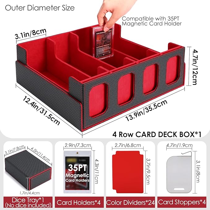 Trading Card Storage Box with Commander Display, 4-Row Deck Case with Removable Lid, 3200+ MTG Deck Box with 24 Colorful Divider, 4 Magnetic Card Holders, 4 Stoppers, Dice Tray(Black Red)
