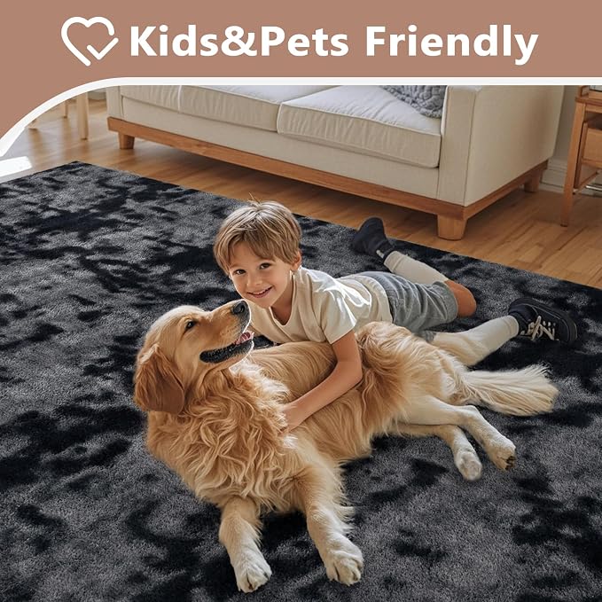 FinRèc 7x10 Washable Area Rugs for Bedroom Living Room, Low Pile Thin Ultra Soft Shag Rug, Non-Slip Carpet Indoor for Home Decor (Tie-dye Dark Grey)
