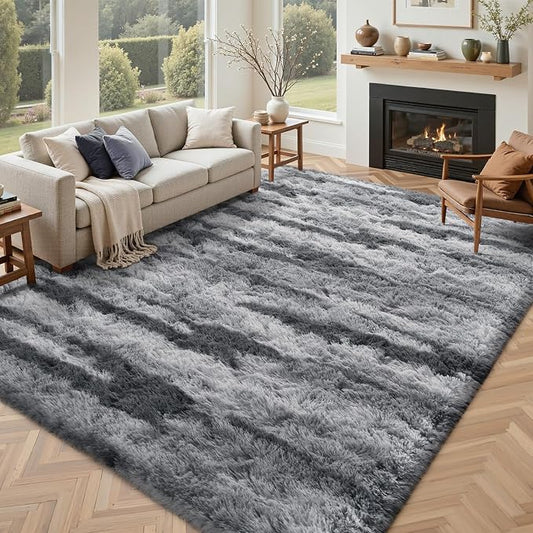 5x7 Ft Large Shag Rug for Living Room Bedroom,Tie-Dyed Ultra Soft Fluffy Furry Area Rug, Aesthetic Grey Carpet for Indoor Floor Home Decor
