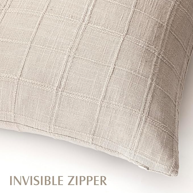 Foindtower Set of 2 Decorative Linen Check Throw Pillow Covers Neutral Farmhouse Vintage Cushion Covers Modern Boho Home Decor for Sofa Chair Couch Bedroom Living Room,26×26 Inch,Natural Linen