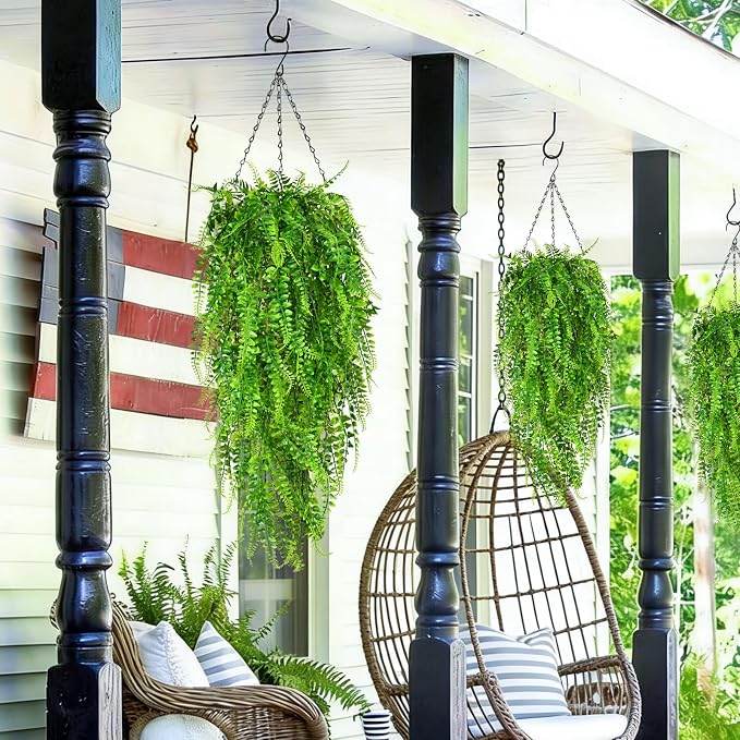 Waipfaru 4Pcs Fake Ferns Fake Hanging Plants Artificial Ferns Vine Greenery | UV Resistant Faux Outdoor Plants Ivy Vines for Modern Boho Patio Outdoor Indoor Party Wall Porch Gazebo Aesthetic Decor