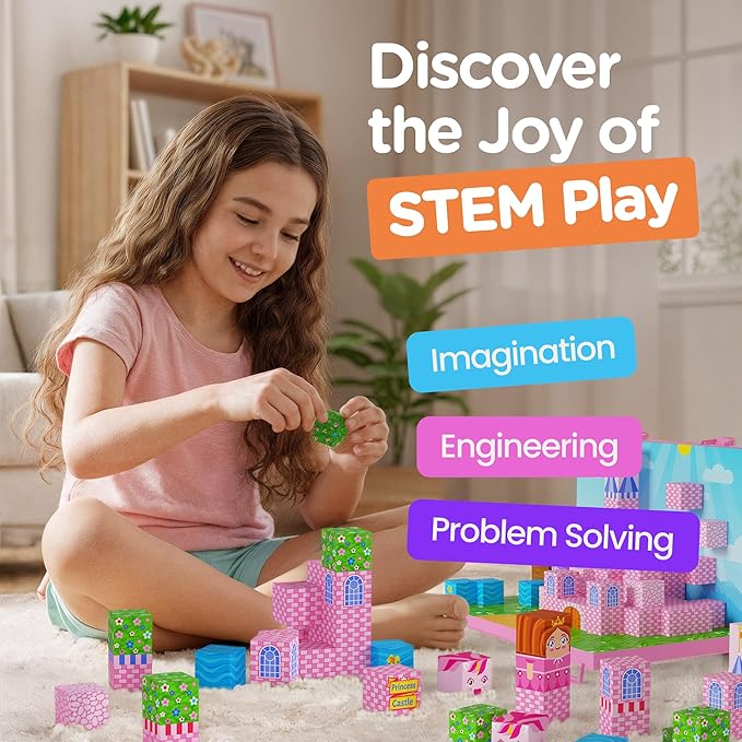 Gift-Ready Magnetic Building Blocks for Kids, Magnet Cubes — Princess Castle Toy Building Sets with Magnetic Storage Board — 84-Piece Pixy Stacking STEM Building Toys for Boys & Girls Ages 3 to 12
