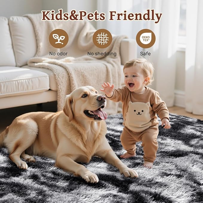 Area Rugs for Living Room 8x10 Black Grey Fluffy Rug,Super Fuzzy Fur Bedroom Carpet for Boys Dorm Office Nursery Modern Home Decor