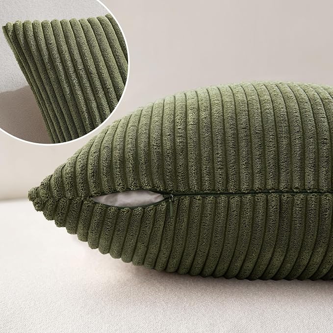 MIULEE Decorative Corduroy Throw Pillow Covers Set of 2 20x20 Olive Green | Soft Striped Textured Cushion Cases, Boho Natural Greenery Pillowcases for Home Decor, for Couch Chair Sofa Bed Living Room