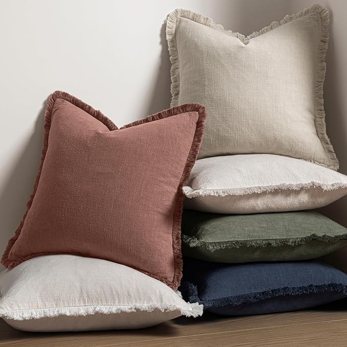 MIULEE Linen Fringe Decorative Fall Throw Pillow Covers Autumn Glaze 18x18 | Set of 2, Cottagecore Decor, Boho Farmhouse Neutral Pillow Covers, Rustic Fall Couch Cushion Cases for Sofa Bed Living Room