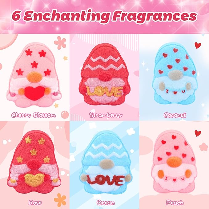 Valentines Bath Bombs, 6PCS Valentines Gnomes Heart Bath Bombs Gift Set for Women Essential Oil Bubble Bath，Body Relaxation Box for Her Wife Mom Friend