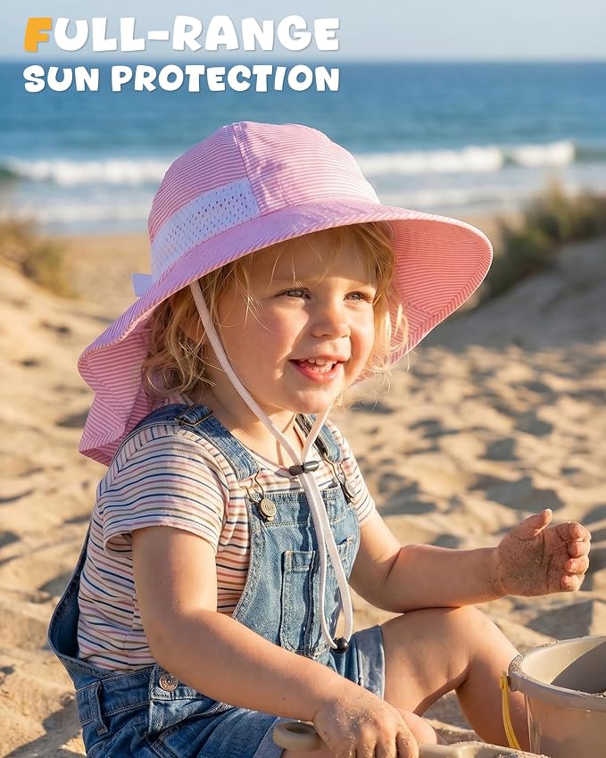 Toddler Baby Sun Hat Kids Summer Beach Essentials Adjustable Beach Hats with Bucket Wide Brim for Boys Girls Age 0-14 Years