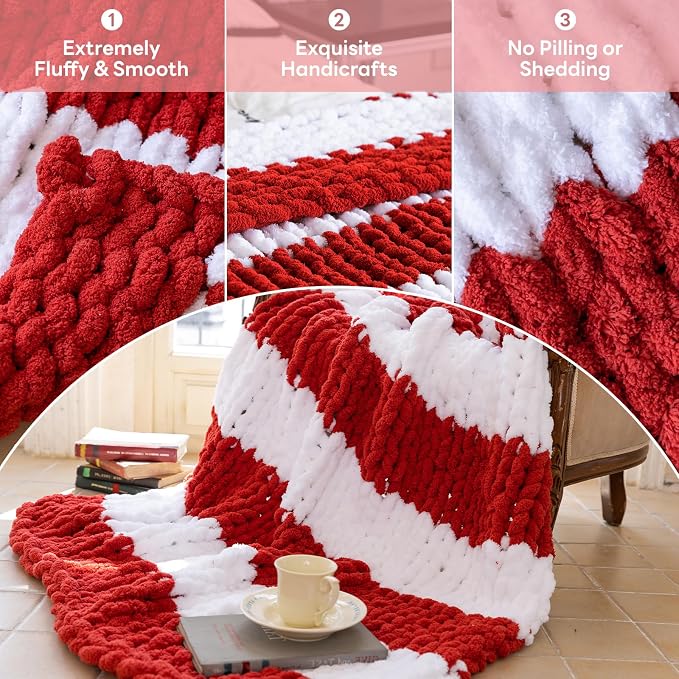 Chunky Knit Blanket - Luxury Soft Cozy 60 * 80 Throw Blanket,100% Woven Blanket Rope Knot Throw Blanket for Couch, Sofa, Home Decor, Gift - Machine Washable (White/Wine red, 60 * 80)