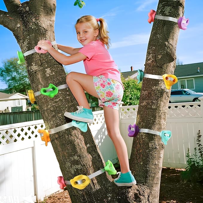 TOPNEW 20 Ninja Tree Climbing Holds for Kids Climber, Adult Climbing Rocks with 6 Ratchet Straps for Outdoor Ninja Warrior Obstacle Course Training, Soft Color