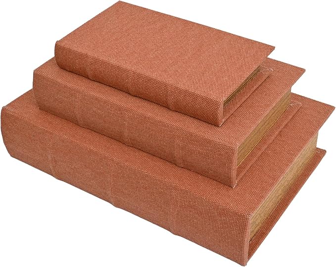 DECOR4SEASON Decorative Book Boxes Set of 3 – Modern Faux Linen & Wood Hidden Storage for Coffee Table – Stackable Fake Books for Shelf Decor, Remote Control & Jewelry Organizer (Rust Brown)