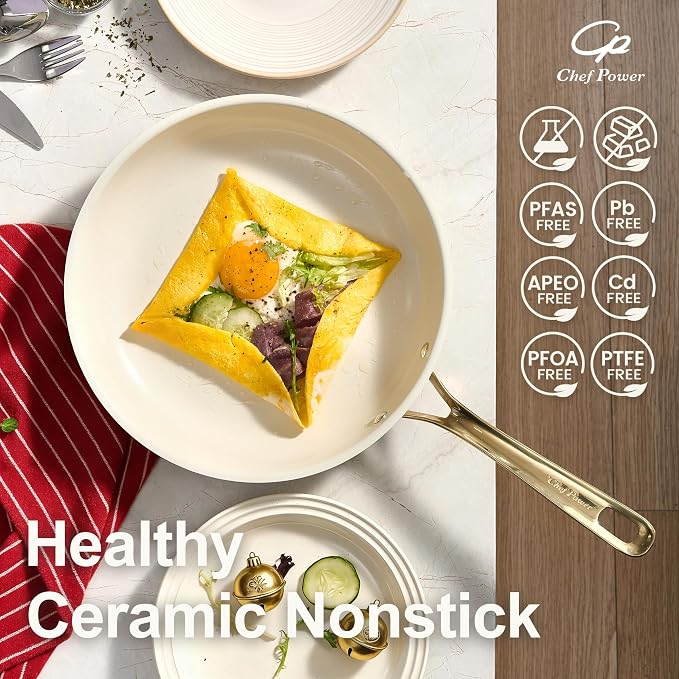 Chef Power Ceramic Frying Pan with Stainless Steel handle 5Pcs Set, Non Stick Grill Pan Set, Dishwasher and Oven Safe, Cream White and Light Gold Handle