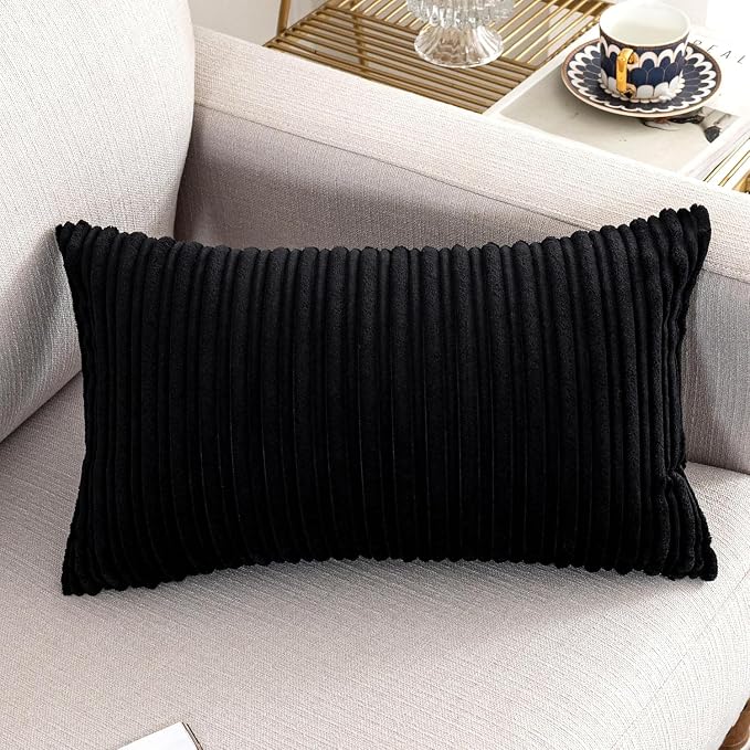 UGASA 14x24 Inch Pillow Cover Pack of 1 Soft Boho Stripe Corduroy Long Rectangular Lumbar Cushion Cover Farmhouse Decorative Throw Pillowcase for Bed, Couch, Sofa, Bedroom, Living Room, Black