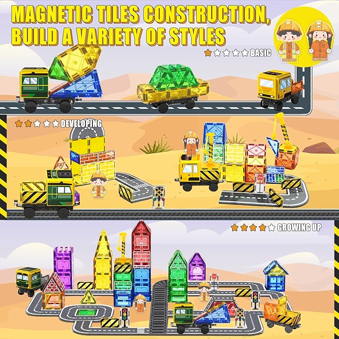 Magnetic Tiles Magnetic Construction Set with 2 Dolls, Cars, Train, Train Tracks, Building Sensory Toys for 3+ Year Old Boys & Girls Creative Kids Games Birthday Xmas Gifts