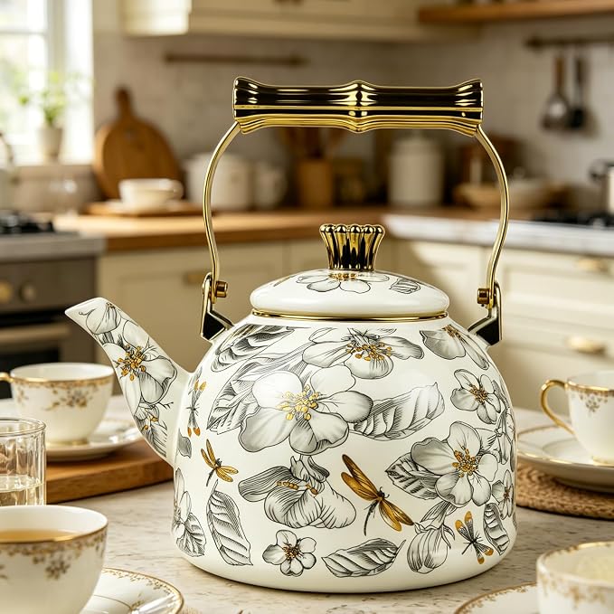 Vintage Enamel Tea Kettle, Dragonfly Floral Pattern Stovetop Teapot with Gold Handle, 2.5L Enamel Kettle Kitchen Decor, Ideal Gift for Housewarming Camping Coffee Pot