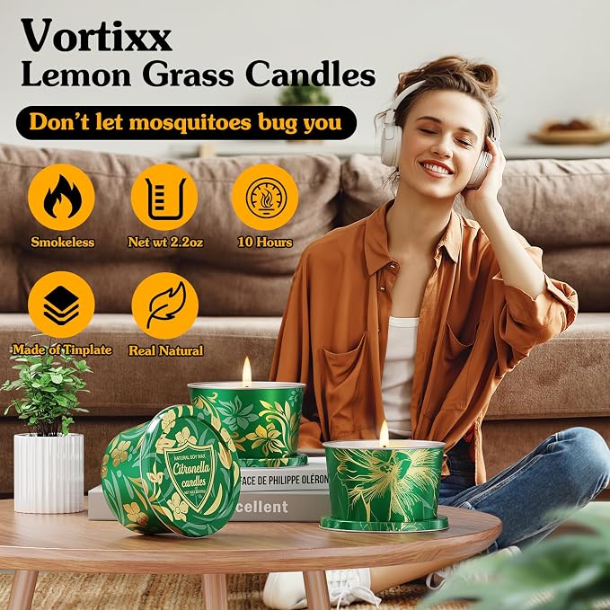 Citronella Candles Outdoor for Patio-3pcs Natural Soy Wax Portable Citronella Oil Candles in Decorative Tins, Long Lasting Summer Essentials for Camping, Backyard BBQ, Gardening & Outdoor Dining