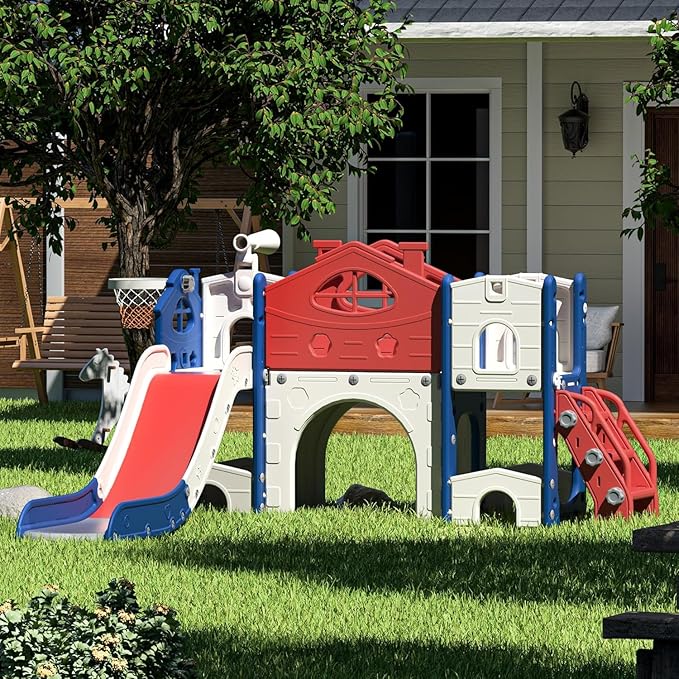 SANDINRAYLI 8-in-1 Indoor Toddler Slide, Kids Slide with Stairs, Outdoor Playground Slides for Kids 3-8, Freestanding Slides with Basketball Hoop, Telescope, Tunnel, and Storage for Boys & Girls