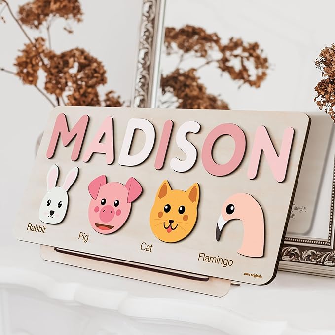 | Personalized Name Puzzle Set | Includes Wooden Puzzle, Optional Engraved Message, Stand & Premium Gift Package | Handmade, Educational Baby Gift (Ages 0–3)