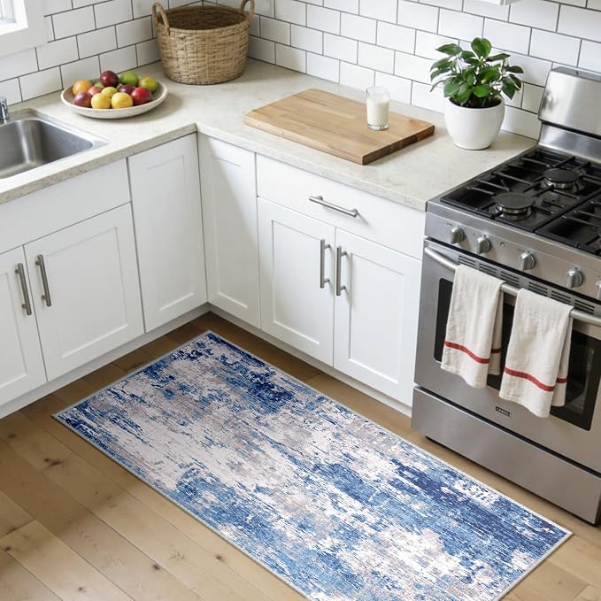 RELEANY Washable 2'x5' Abstract Area Rug for Living Room Blue Gray | carpet for bedroom, kitchen, office, hallway and entryway, printed pattern, non-slip, soft, stain-resistant, easy to clean