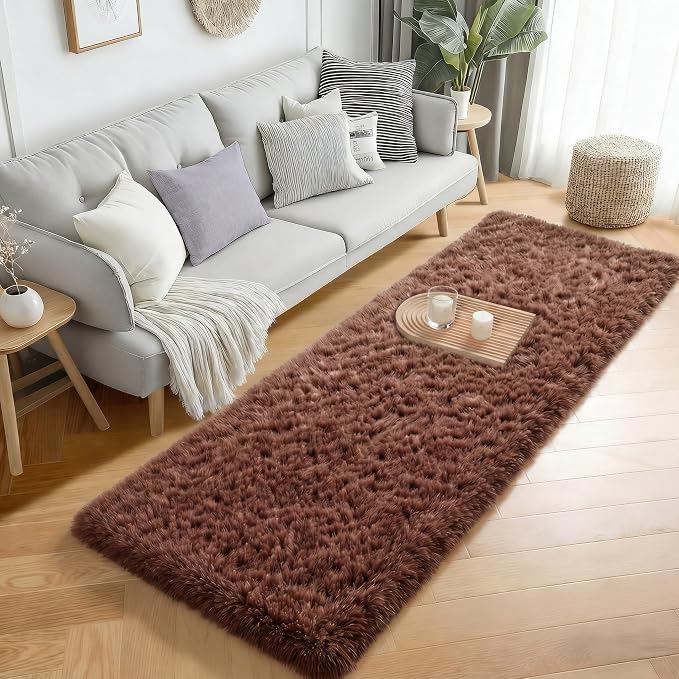 Brown Runner Rug 2' x 6', Fluffy Coffee Rugs for Bedroom Super Soft Long Bedside Rugs, Indoor Plush Carpets for Living Room Kids Teen Dorm Nursery Room Decor Aesthetic Non-Slip Hallway Rug