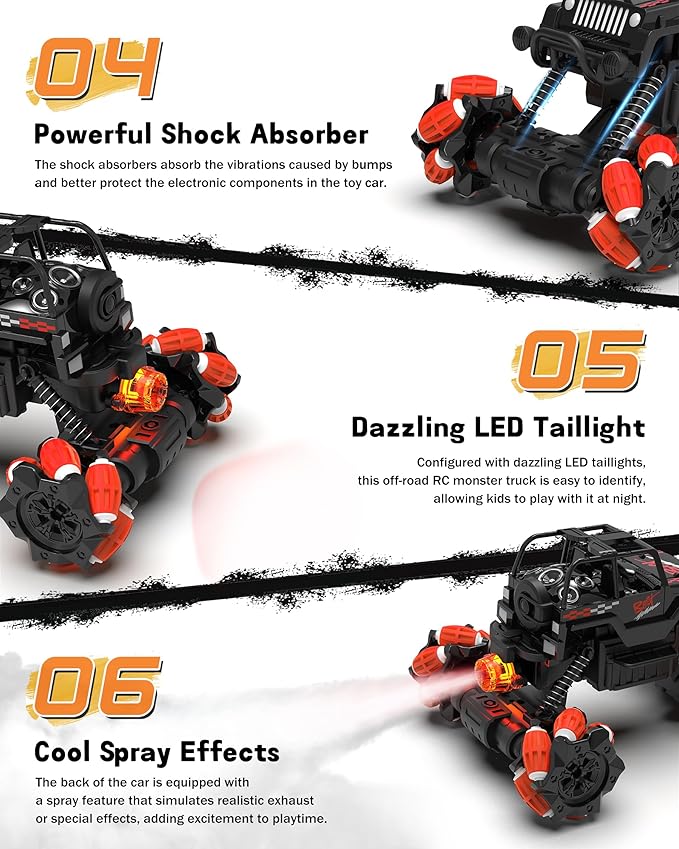 RC Stunt Car, Remote Control Car with 360° Rotation, Sideway Drift, Spray, All Terrain 4WD RC Stunt Hobby Cars for 6-12 Years Old Boys (Red)