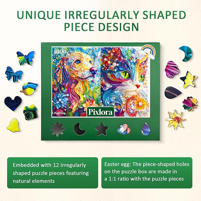 1000 Piece Puzzles for Adults, 2 Pack of Challenging Shaped Cat Puzzles, Pearl Cat and Pearl Dog Theme, Idea Gifts