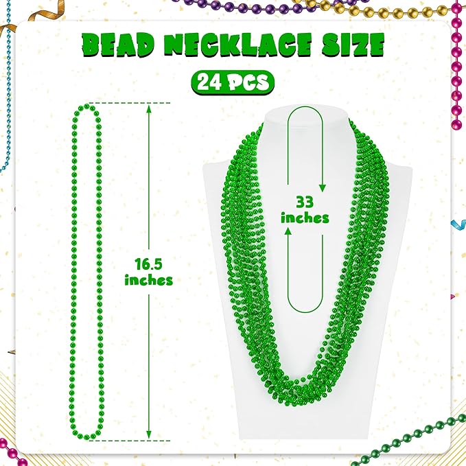24 PCS St Patricks Day Necklace, Green Mardi Gras Beads Bulk, 33" Round Beads St Patricks Day Accessories, Parade Throws for Carnival Decorations Party Favors St. Patricks Decor