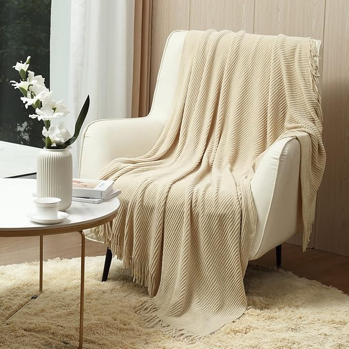 CREVENT Super Cozy Soft and Warm Chenille Throw Blanket for Sofa Couch Chair Bed, Spring Summer Fall All Season Use, Gift for Mom Girlfriend (50''X60'' Ivory)