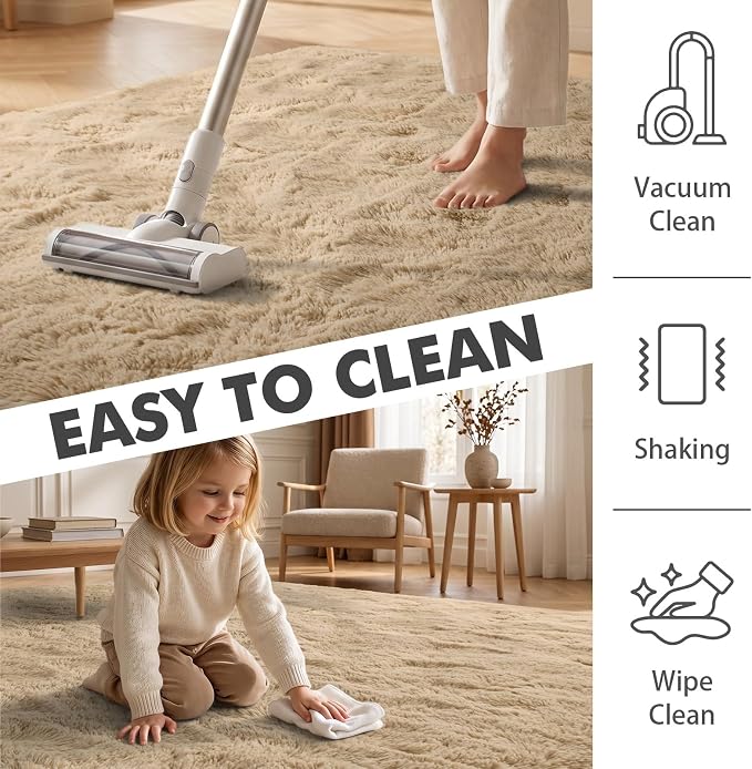 5x7 Ft Shag Beige Rugs for Bedroom Living Room, Ultra Soft Fluffy Furry Area Rugs for Playroom Indoor Floor, Aesthetic Carpet for Kids Home Decor