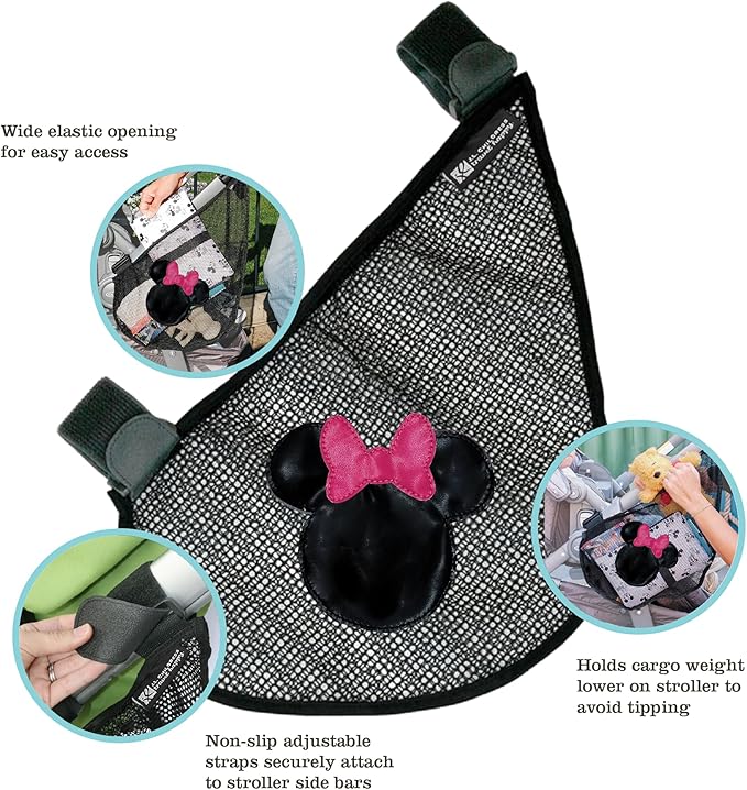 J.L. Childress Disney Baby Side Sling Stroller Cargo Net - Stroller Organizer Attachment for Storage, Mesh Bag for Baby Accessories, Universal Fit - Minnie Mouse